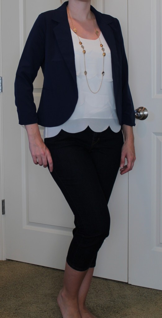 unflattering blazer and white top
