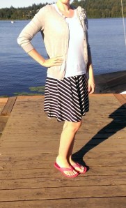 striped swing skirt from Ann Taylor Loft, white Tee and Cardigan