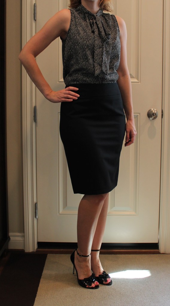 tie neck blouse and pencil skirt