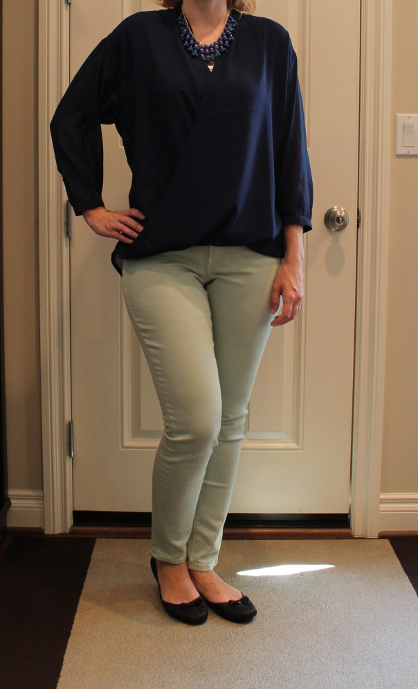 Wrap blouse and colored skinnies