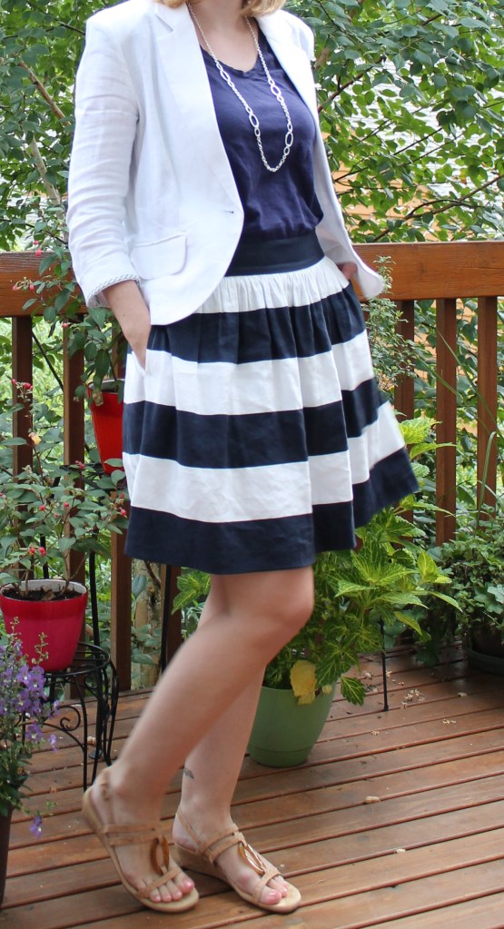 Striped skirt and white blazer