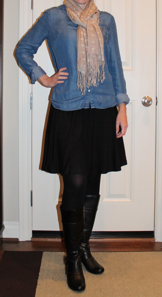 chambray shirt and black skirt