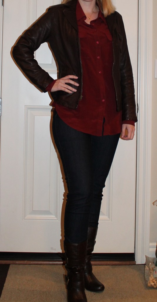 Burgundy Blouse and Leather Jacket