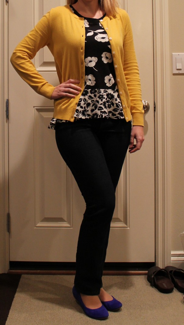 mustard sweater and blue shoes
