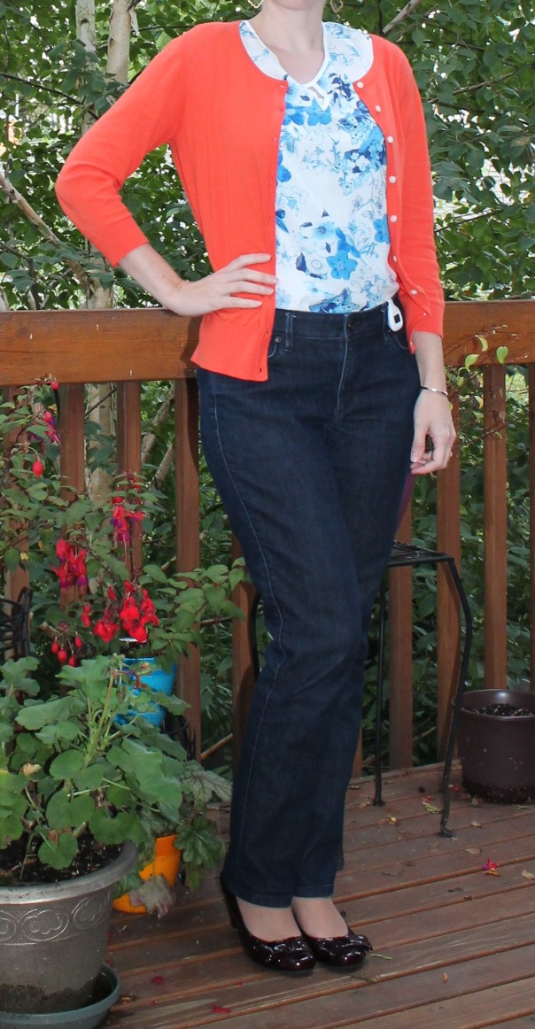Coral Sweater and Blue Blouse